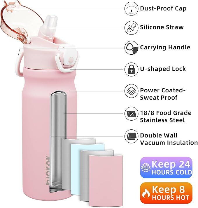 BJPKPK Water Bottle with Straw 18oz Insulated Water Bottles Reusable Stainless Steel Metal Thermal Flask with Leak Proof Lockable Lid and Carry Handle,Light Pink