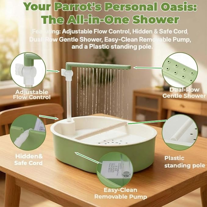 Automatic Bird Bath Shower with Pump & Water Tank | Great for parrots, cockatiels, budgies & lovebirds. Large tank & pump give running water. Freestanding, place anywhere.
