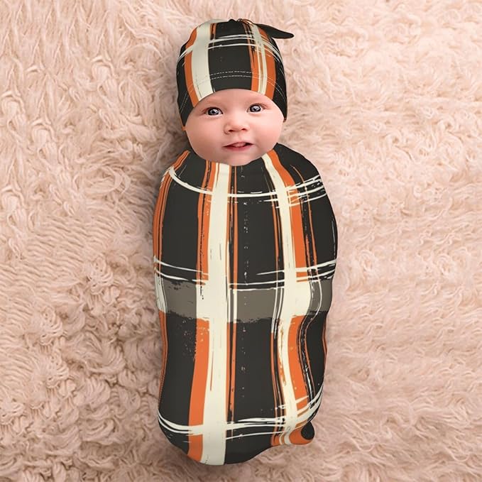 Christmas Baby Swaddle Blanket and Hat Set for Newborn Boys Girls Soft Infant Wrap Sleep 0-6 Months Buffalo Plaid Orange