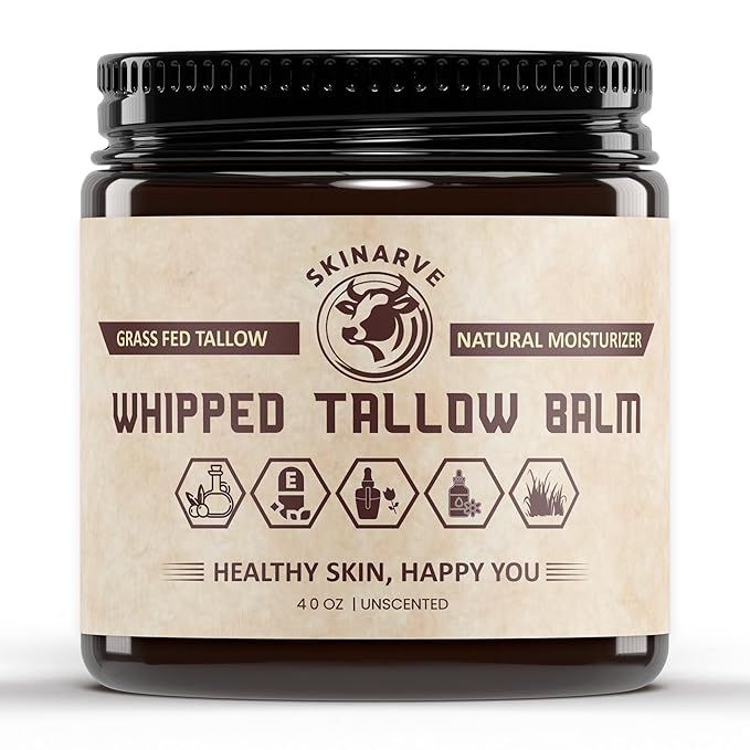 Beef Tallow for Skin 4oz Unscented, Organic Whipped beef Tallow and Honey Balm, 100% Grass Fed Beef Tallow Face Moisturizer For Dry Skin, Lip balm, Eczema Natural Tallow Moisturizer Lotion Body Butter