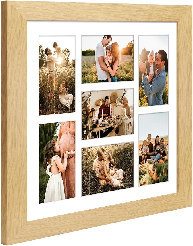 13.5x15.5 Picture Frame Display 7 opening 4X6 Picture Frame Collage,Multi Photo Frame with Mat,Plexiglass,Wall or Tabletop Decor,Natural Wood Grain