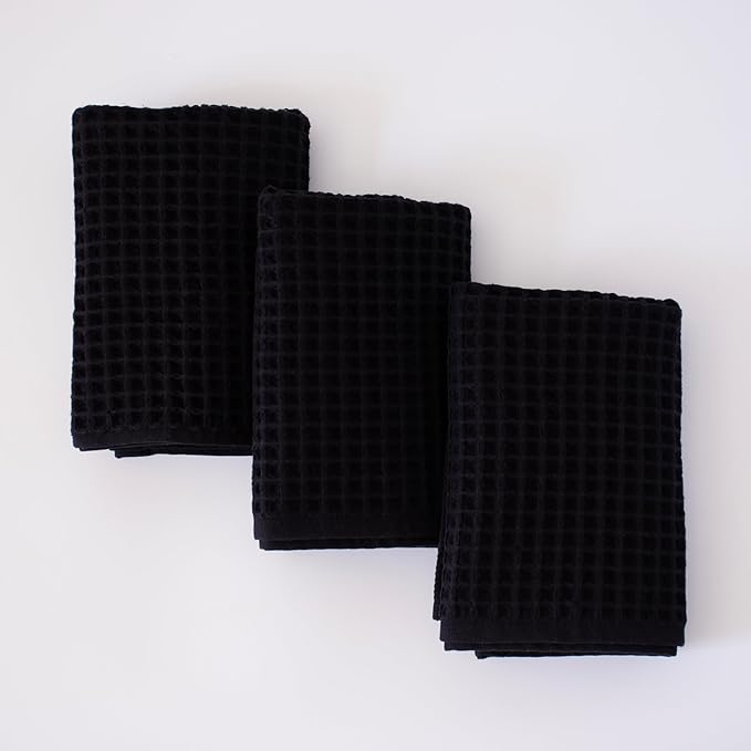 PÜSKÜL - Set of 3 Organic Waffle Hand Towel Black - Premium Quality, 100% Turkish Cotton, Soft, Quick-Dry, Absorbent, Lint-Free Face Kitchen Hand Towels (Black, Hand Towels - Pack of 3)