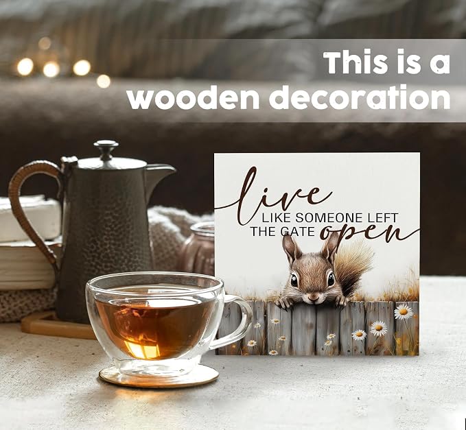 Squirrel Sign - Squirrel Gifts For Women, Live Like Someone Left The Gate Open Wooden Box Signs, Farmhouse Wood Decoration Home Decor For Desk Table Shelf 8x8 Inch Decorative Signs & Plaques