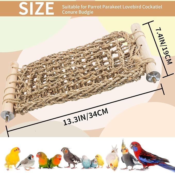 FlidRunest Conure Ladder Perch for Cage, Bird Seagrass Ladder Bridge Exercise Stands, Natural Hand-Woven Parrot Net Climbing Chewing Hammock, Cage Accessories