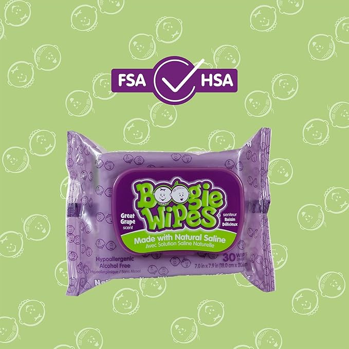 Baby Saline Wipes by Boogie for Face, Body & Nose, for Baby and Kids Made with Natural Saline, Grape Scent, 180 Count (Pack of 6)