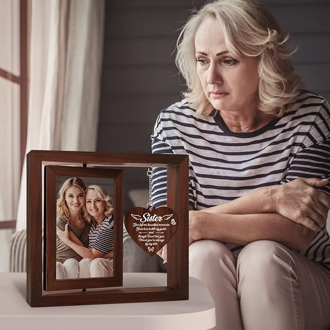Memorial Gifts for Loss of Sister,Rotating Wooden Picture Frame, Sympathy Gift Keepsake, Healing Grief Gift for Loss of Sister, Remembrance for Funerals, Memorial Ceremonies, Fits 4x6 In Photo
