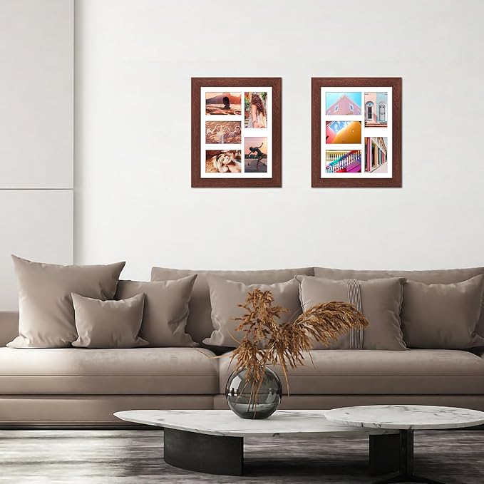 11x14 Picture Frame Display 5 opening 4X6 Picture Frame Collage,Multi Photo Frame with Mat,Plexiglass,Wall or Tabletop Decor,Walnut Wood Grain