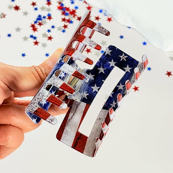 1Pc July 4th Hair Clips Acetate Patriotic Hair Claw Clips Blue American Flag Design Non-Slip Jaw Barrettes Fashion Styling Red White and Blue Hair Accessories Gift for Women Girls Thick Thin Hair