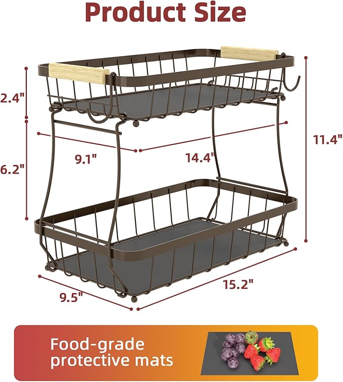 2 Tier Large Fruit Basket for Kitchen Counter with 2 Mobile Banana Hangers, 2026 Pro Detachable Metal Fruit Bowl with Wooden Handle (Brown, 2 Tier Extra Large)