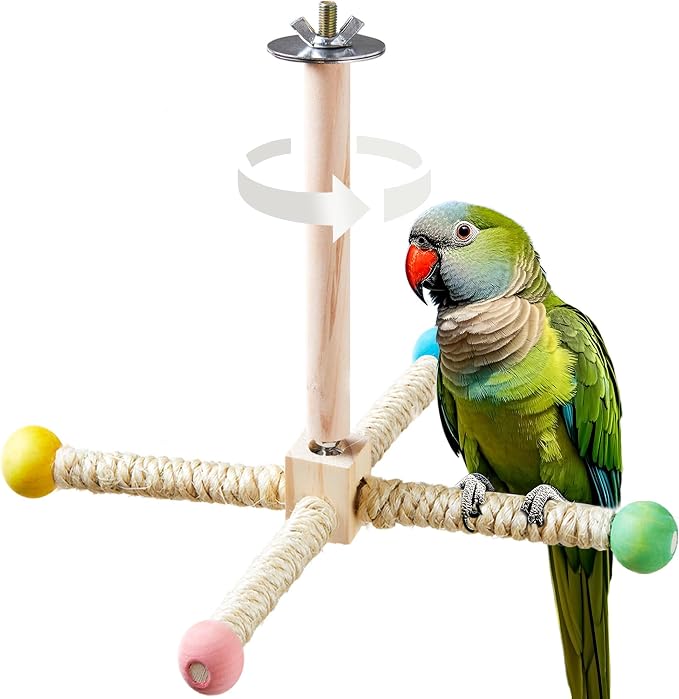 Large Bird Perch Toy, Interactive Wooden 360° Spinning Cage Toy(L) | Exercise Wheel Quaker Toy, Enrichment Bird Cage Accessories Perch Toys for Medium-sized Birds Cockatiel Ring-necked Caique