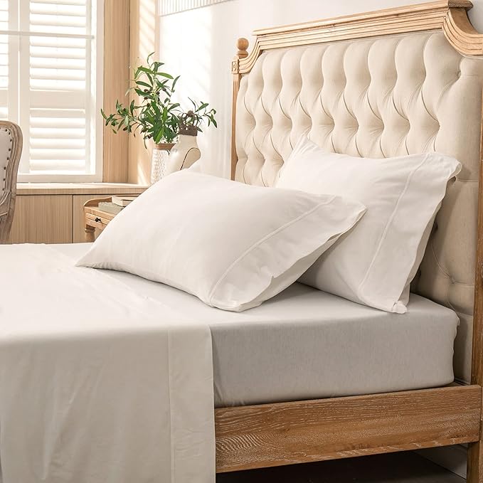 PURE ERA Jersey Knit 4pc Bed Sheet Set 100% T-Shirt Cotton Super Soft Comfy Breathable Fits Mattress Up to 20" Extra Deep Pocket (Solid Off White, King)