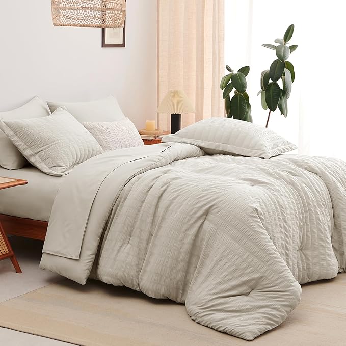 CozyLux Oversized King Comforter Set Beige Seersucker 7 Pieces 120x98 Bed in a Bag Comforter Set with Sheets, Luxury Soft Bedding Sets with Down Alternative Comforter, Sheets, Pillowcases & Shams