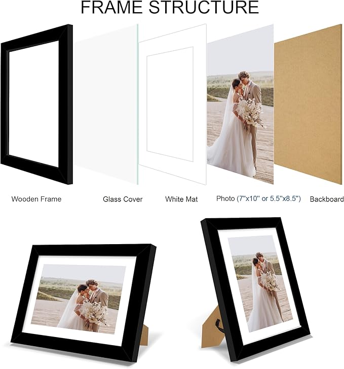 7x10 Picture Frame Set of 4, Made of Real Glass and Black Frame - Display Picture 5.5x8.5 with Mat or 7x10 Without Mat, 7 by 10 Photo for Wall or Tabletop