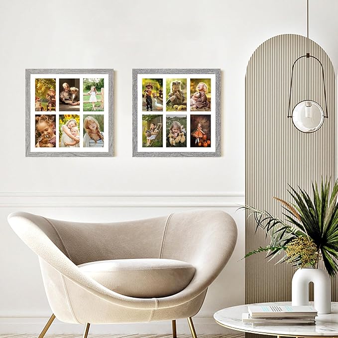 13x13 Collage frame with 6 Openings 4X6 Pictures, Multiple Picture Frame with Mat, Wall or Tabletop Decor, Grey Wood Grain,2 Pack