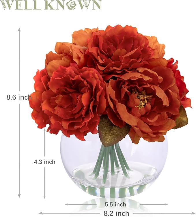 WELL KNOWN Artificial Flowers in Vase, Silk Peonies Flowers for Vase with Faux Water, Burnt Orange Fake Flower Arrangements for Thanksgiving Fall Winter Dinning Table Centerpieces Party Decor