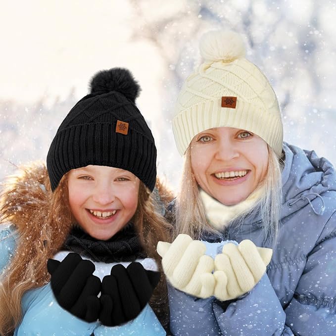 YARIEW Winter Hat Neck Warmer and Gloves Set for Women, Warm Knitted Beanie with Pom Pom, Soft Ear Warmer Scarf, Warm Gloves
