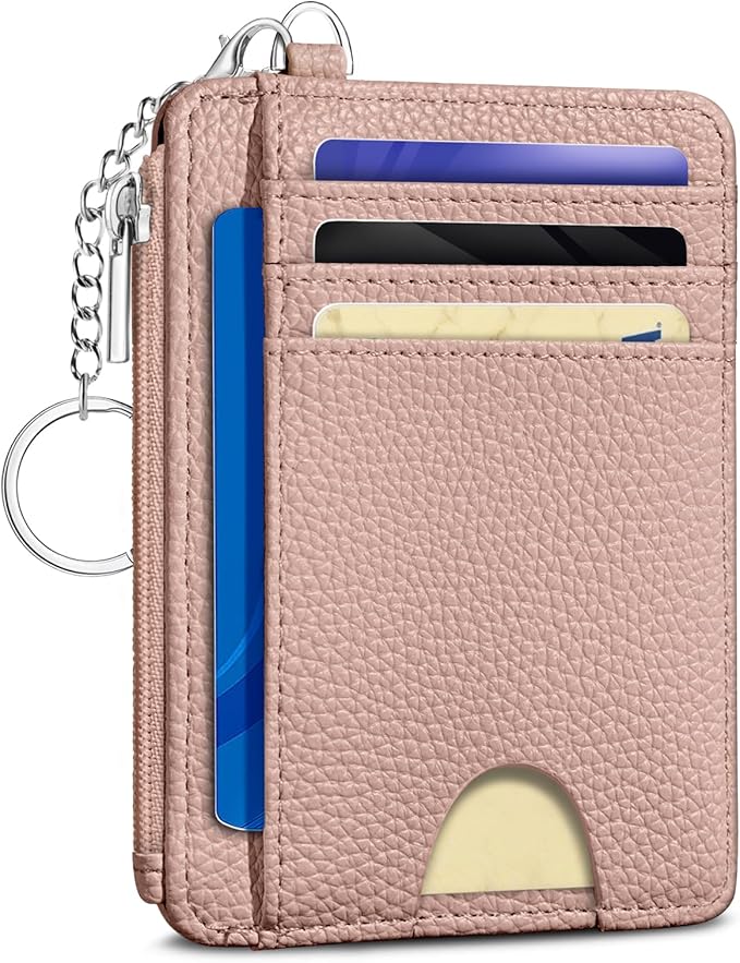 Kelvoris Credit Card Holder Small Wallet Women, Slim RFID, Blush | Keychain, Zipper Coin Pocket, Front Pocket Thin Travel Card Case, Minimalist, 6 Card Slots, 1 ID Window, Ladies Gifts Woman