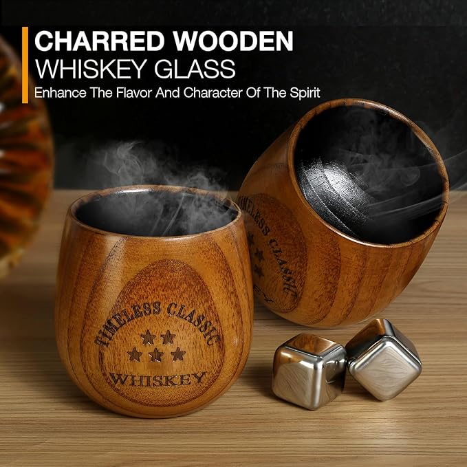 SALUNA Wooden Whiskey Glass Set - Charred Wooden Bourbon Drinking Glass, Whisky Glasses Bourbon Gifts for Men, Dad or Brother on Birthday Christmas Anniversary Retirement 10 OZ