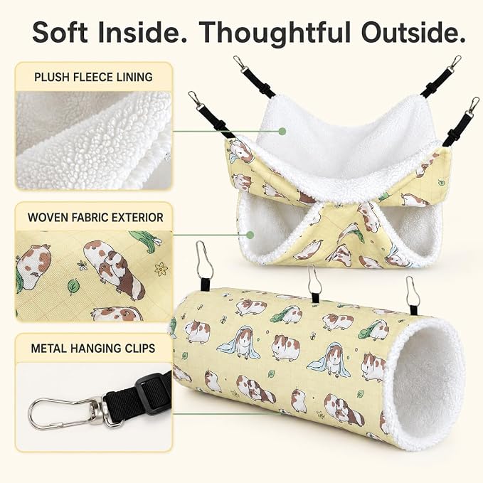 Small Pet Hammock & Tunnel Set for Ferrets, Guinea Pigs, Rats - Plush Hideout Bed & Cage Toy, 2-Pack, Yellow Guinea Pig Print