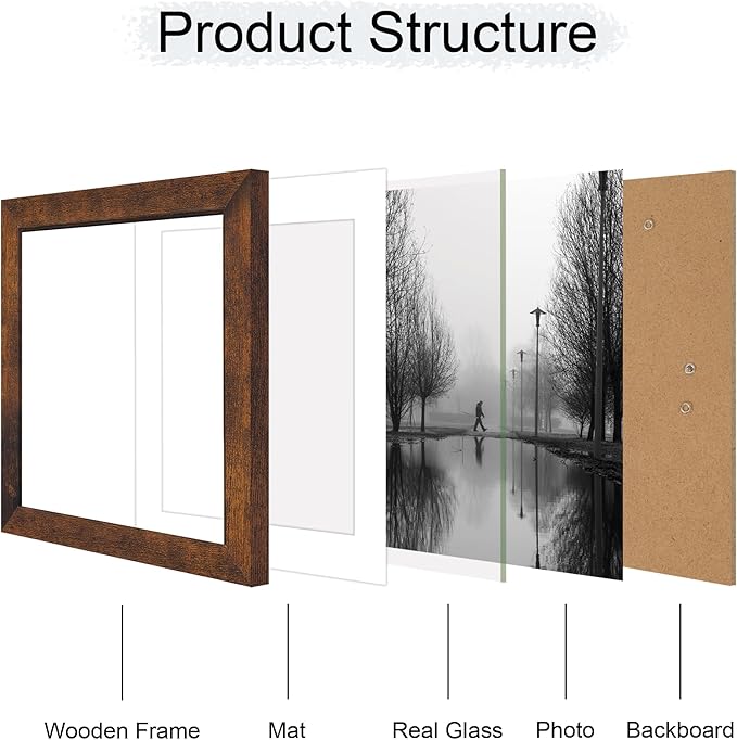 iRahmen 10x10 Picture Frame Set of 4 with Real Glass, Rustic Frames Display 8x8 Picture with Mat or 10 x 10 Without Mat, Wooden Square Photo Frame for Wall Mount and Tabletop Display
