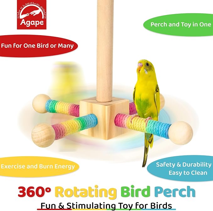 Agape 360° Rotating Bird Perch Stand, Wooden Parrot Exercise Toy | Bird Cage Accessory for Small-Medium Birds: Parakeets, Cockatiels, Lovebirds, Conures, Finches, Budgies, Parrotlets, Quakers