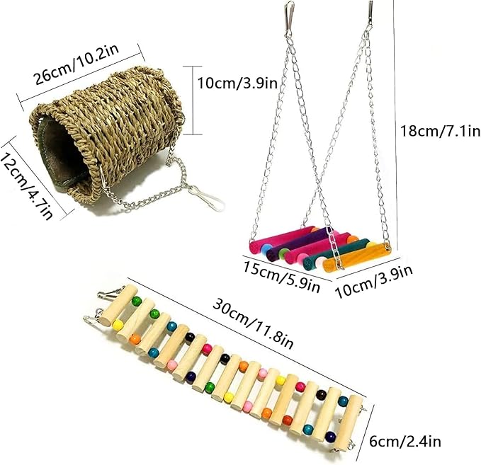Hamiledyi Hamster Hanging Hammock 3 Piece Wooden Rat Ladder Swing Set Cage Clmbing Toys Accessories for Syrian Hamster Sugar Glider Bird Mice Playing Sleeping
