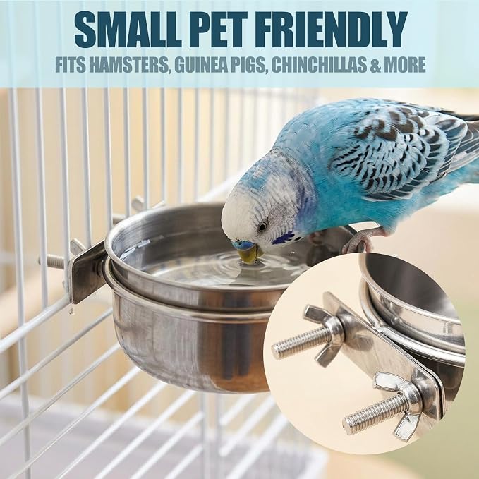 3 Pcs Stainless Steel Bird Feeding Cups with Clamp Holder - Birdcage Food Water Dish Bowls for Cockatiel Parakeet Macaw Finches Lovebirds Small Animals