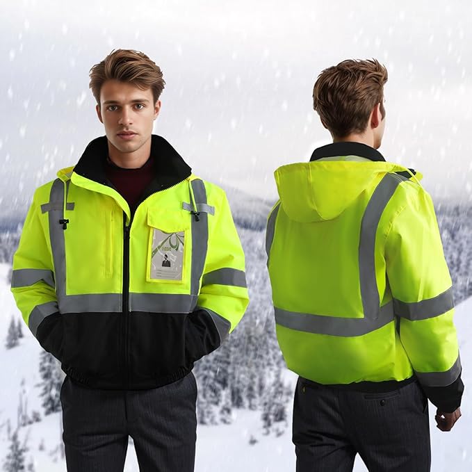 Reflective Jackets, High Vis Safety Work Jacket with Pockets for Men& Women, Construction Coats for Cold Weather, Waterproof Rain Gear, Class 3, Yellow-Black, L