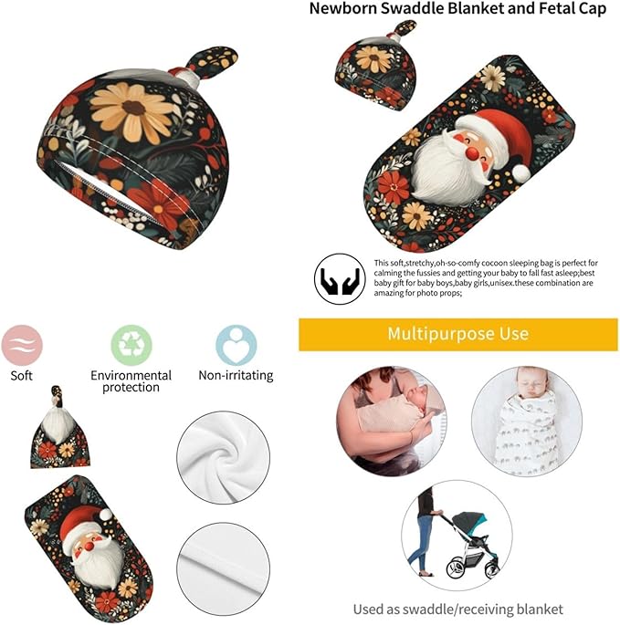Christmas Baby Swaddle Blanket and Hat Set for Newborn Boys Girls Soft Infant Wrap Sleep 0-6 Months Red Santa