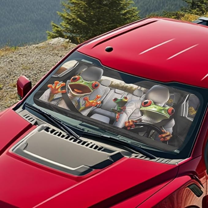 Cute Frog Car Front Windshield Sun Shade Foldable Funny Windshield Sunshade Sun Visor UV Rays and Keeps Vehicle Cool Easy Installation for Most Sedan Truck SUV