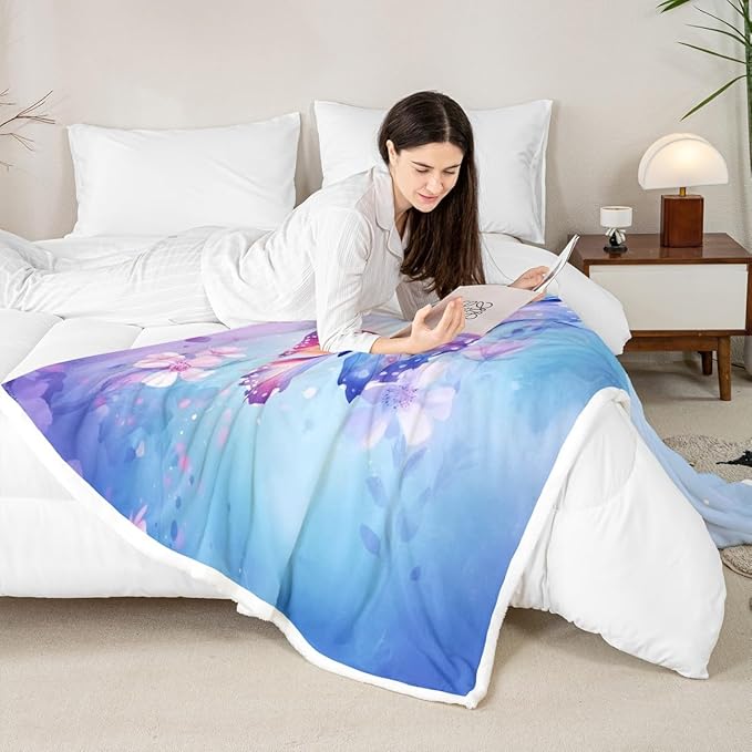 Feelyou Blue Butterfly Fleece Throw Blanket Twin 60"x80" Kids Girls Sherpa Blanket Plush Fuzzy for Bed Couch Chair Living Room, Watercolor Floral Bed Blanket Chic Room Decor