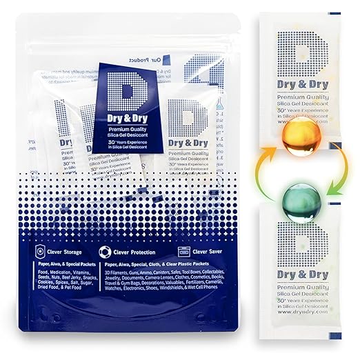 Dry & Dry 10 Gram [60 Packets] Premium Orange Indicating Silica Gel Packets Desiccants - Food Safe Silica Packets Silica Gel Silica Gel Packets