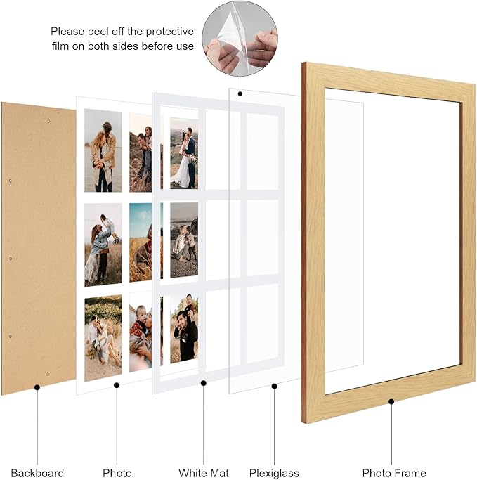 13.5x19.5 Picture Frame Display 9 opening 4X6 Picture Frame Collage,Multi Photo Frame with Mat,Plexiglass,Wall or Tabletop Decor,Natural Wood Grain
