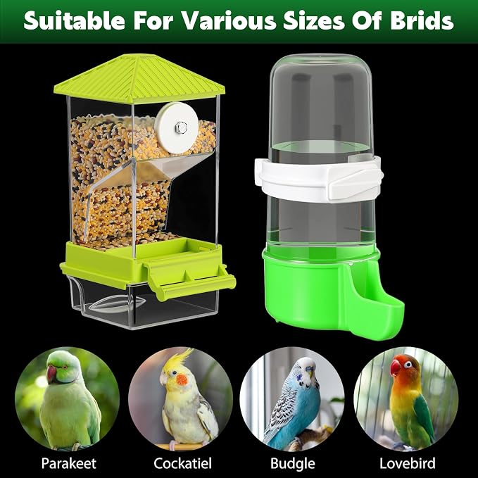 Yaomiao 4 Pcs No Mess Small Bird Feeders Automatic Parakeet Water Dispenser Clear Quail Feeder and Watered Cage Accessories for Small and Medium Parakeet Cockatiel Canary(Assorted,Green)
