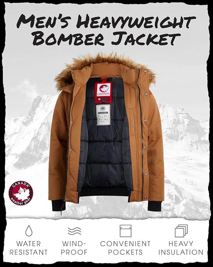 CANADA WEATHER GEAR Mens Winter Bomber Jacket - Heavyweight Winter Coats Weather Resistant Faux Fur Hood Insulated Ski Jacket