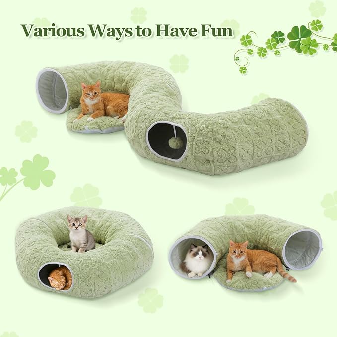 PEQULTI Green Donut Cat Tunnel Bed Washable Plush Mat for Multi Small Pets | Round play tube with soft detachable plush mat, multi-pet toy fit indoor cats, kittens, puppies, rabbits and ferrets