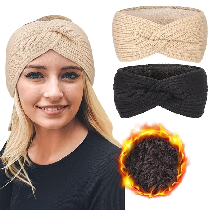 AQOKKA Knit Winter Headbands for Women Fuzzy Wool Fleece Lined Ear Warmers Elastic Turban Crocheted Head Wrap Winter Accessories for Women Cold Weather
