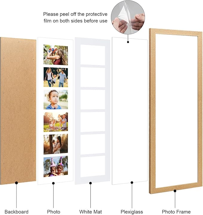 8x26 Collage frame with 6 Openings 4X6 Pictures, Multiple Picture Frame with Mat, Wall or Tabletop Decor, Natural Wood Grain (1 Pack)