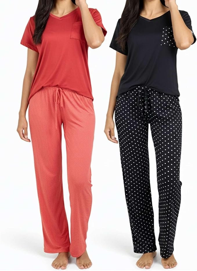 Real Essentials 2 Pack: Women's Comfy Pajama Sets - Short & Long Sleeve Ladies Loungewear Sleepwear PJs (Available In Plus)