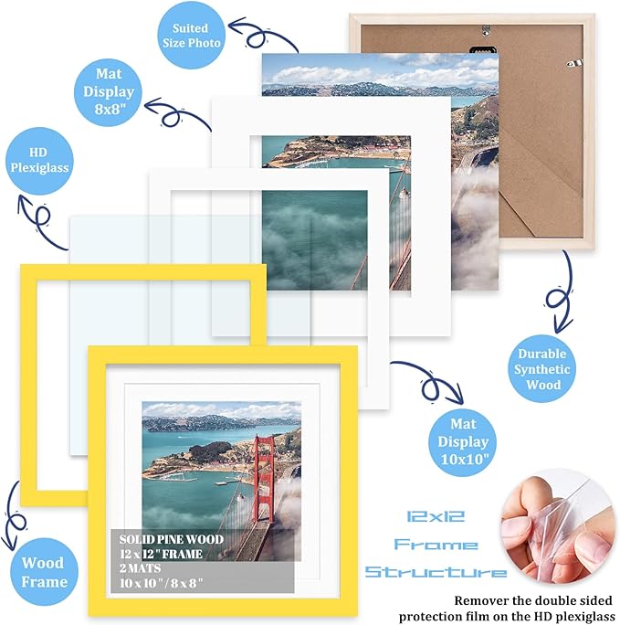 12x12 Wood Picture Frames for Wall Hanging or Tabletop,Diamond Painting Frame Baby Scan Picture Frames with 2 Mats Display 8x8 or 10x10 for Family Walls Decoration,Anniversary,Wedding,Christmas(Yellow)