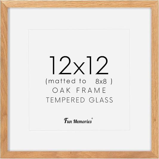 12x12 Picture Frame, Solid Oak Wood 12"x12" Photo Frame for Wall, 12 x 12 Frame Matted to 8 x 8, Square 12x12 Frame, Tempered Real Glass, 12 x 12 Collage Gallery Frames - Natural Oak Color, 1 Pack