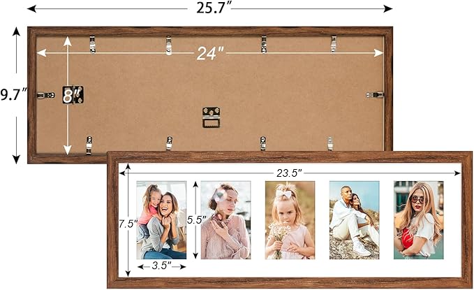 8x24 Collage frame with 5 Openings 4X6 Pictures, Multiple Picture Frame with Mat, Wall or Tabletop Decor, Carbonized Brown Wood Grain (1 Pack)