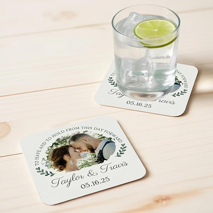 20 Pack Personalized Wedding Coasters, Custom Cardboard Coasters for Drinks with Photo Print and Text, Keepsake Wedding Favors and Gifts for Couples, 4x4 Square, Design 4