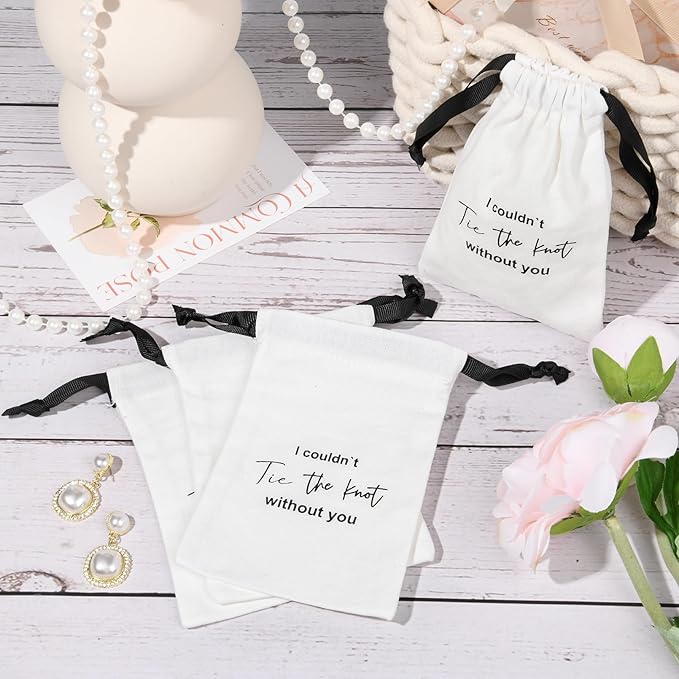 CEELGON 8 Pcs Drawstring Jewelry Pouch Bridesmaid Gift Bags Linen Cotton Fabric Wedding Bridal Party Favor Bags Bachelorette Tie The Knot Earring Packaging Proposal Gift (White)