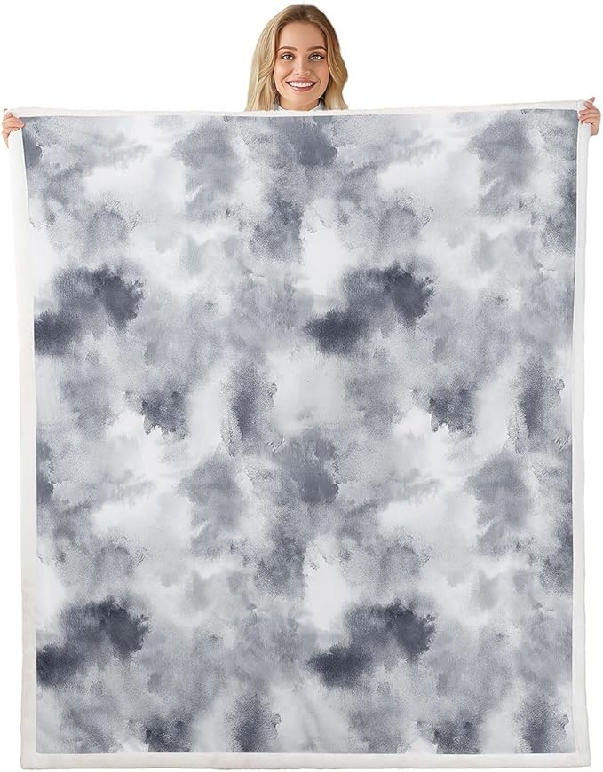 Feelyou Gray Fleece Throw Blanket Queen 90"x90" Kids Tie Dye Watercolor Sherpa Blanket Plush Fuzzy for Bed Couch Chair Living Room, Dreamy Girly Bed Blanket Room Decor