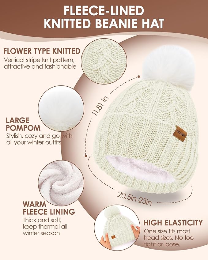 Womens Winter Beanie Hat Scarf Gloves Set, Fleece Lined Knitted Hat with Pompom Long Scarf Touchscreen Mittens for Women Men