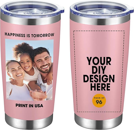 Personalized Custom Tumbler Print in USA 96 Pcs 20oz Stainless Steel Coffee Cup with Lid & Straw Double Wall Insulated Tumbler with Colorful Text Logo Photo