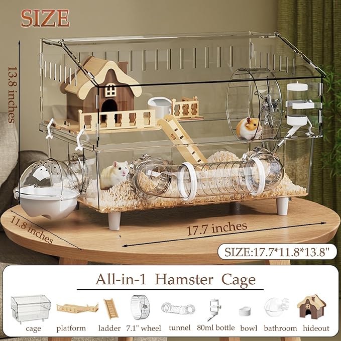 All in 1 Hamster Cage with Tunnel and 7 Accessories,Clear Acrylic Small Animal Habitat for Dwarf Hamster,Gerbil,Hedgehog(17.7"*11.8"*13.4")