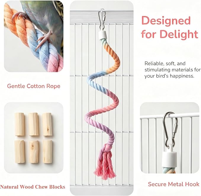 Bendable Parrot Rope Perch with Wood Chew for Parakeet Cockatiel | Soft twisted cotton rope, natural wood chew blocks, bendable design, beak trimming, fits standard wire bird cages