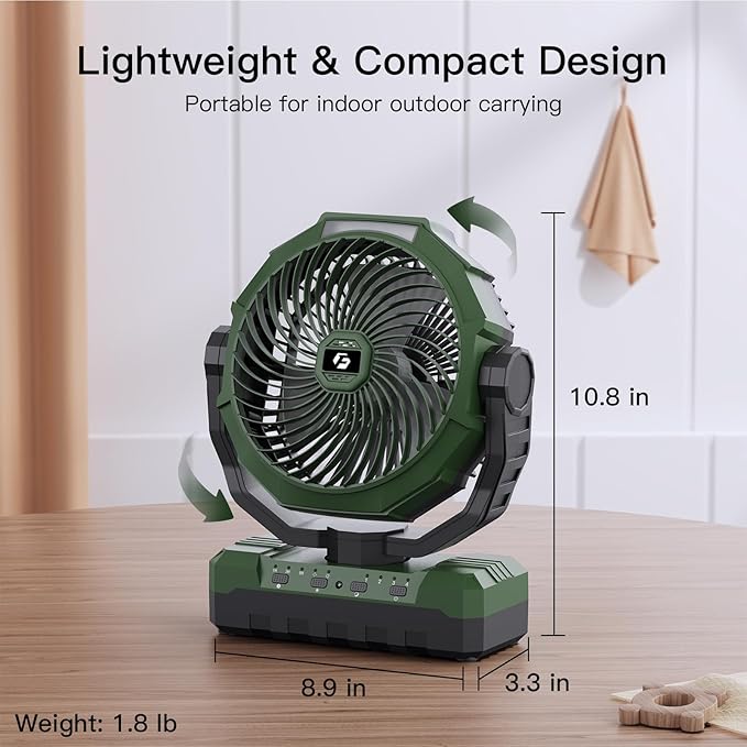 FRIZCOL 3-in-1 Camping Fan - Portable Fans Rechargeable - 24000mAh Detachable Battery Powered Fan with Light & Remote for Indoor, Outdoor, Tent, Travel, Fishing, Jobsite, Gifts for Men Dad Him - Green